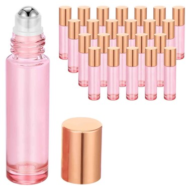 PrettyCare 10 ml Roller Bottles for Essential Oils (Rose Glass, 24 Pack, 4 Extra Roller Balls, 48 Labels, Opener, 2 Funnels, 2 Droppers Essential Oil Roller Bottles for body oil perfume