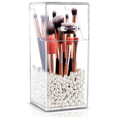 QUUPY Square Acrylic Makeup Brush Holder with Dustproof Lid Cosmetic Brushes Storage Organizer Display Box Case for Bathroom, Bedroom, Vanity, Countertop