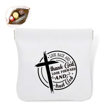 Prayer Pocket Cosmetic Bag, Waterproof Portable No Zipper Self-Closing Makeup Pouch, Look Back And Thank God, Look Forward And Trust God, Christian Cross Gift, Gift Ideal for Women Girls Teen (CX05)