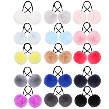 WILLBOND 30 Pieces Pom Pom Hair Ties Elastic Fur Ball Scrunchy Fluffy Ponytail Holders for Women, Hair Accessories (Color Set 3)