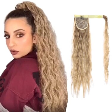 Vinzar Clip in Ponytail Extension Curly Wrap Around Ponytail Corn Wave Hairpiece Magic Paste Ponytail Long Hair Extensions for Women and Girls (Light Brown Blonde Blend)