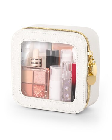 Mini Makeup Bag, Small Makeup Bag for Purse, Waterproof Clear Makeup bag, Leather Cosmetic Bag, Square Make Up Bag Pouch, Toiletry Bag for Travel, Car and Women, Beige