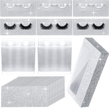 50 Sets Empty Eyelash Case Set, Include 50 Empty Eyelash Box Lash Box Packaging Eyelash Storage Box, 50 Eyelash Box Tray False Eyelash Storage Box Tray, 50 Internal Background Paper (Pink)