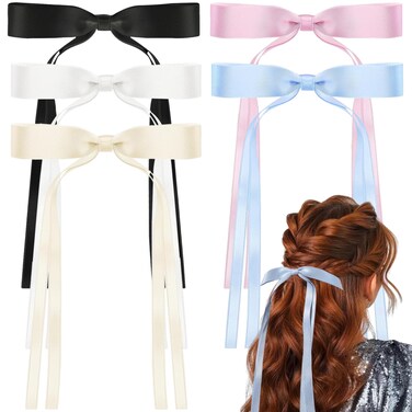 5PCS Tassel Ribbon Bow Hair Clips with Long Tail for Women and Girls, Claw Hair Clip Featuring Solid Metal Bow, Bowknot Barrettes Hair Accessories (Black, White, Beige, Sky Blue, Pink)