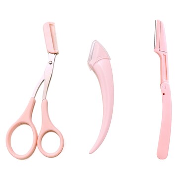 Pink 3-Piece Eyebrow Scissors Set with Comb - Professional Trimmer Kit for Women - Folding Trimmer, Eyebrow Scissors, and Scraping Eyebrow Knife