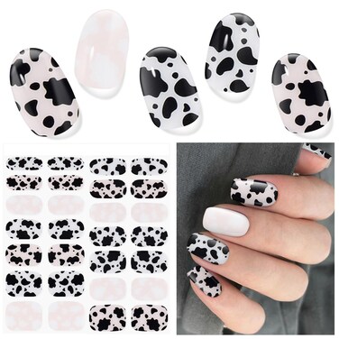 Semi Cured Gel Nail Strips, 28 Pcs UV Gel Nail Stickers, Long Lasting Gel Nail Strips, Salon Quality Gel Nail Wraps for Home, Includes Prep Pads, Nail File &amp; Wood Stick(Cute Dairy Cattle)
