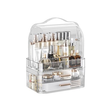 LINFIDITE Cosmetics Storage Box Transparent Lid Large Makeup Organizer Box Drawers Portable Handle Waterproof Dustproof Skincare Display Cases for Countertop, Bathroom, Dresser,Gift Clear