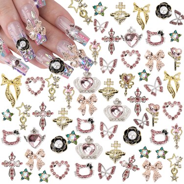 30PCS Nail Charms Y2k Alloy Nail Art Rhinestone Charms 3D Heart Star Bow Butterfly with Rhinestones Cross Flower Nail Gems Shiny Jewelry Planet Nail Decorations Accessories Supplies A