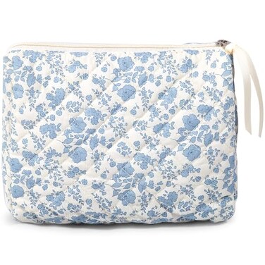 Makeup Bag Large Travel Quilted Cosmetic Makeup Bag Organizer, Cute Floral Cotton Coquette Aesthetic Toiletry Bag for Women Girls (Blue Floral)