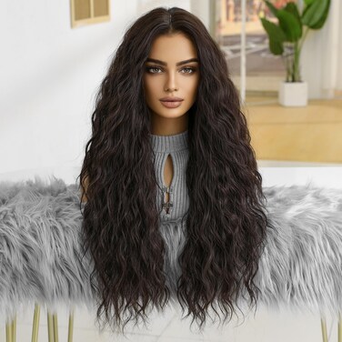 26 Inch Water Wave Wig for Women Synthetic Curly Hair Wig Dark Brown Wear and Go Glueless Wig Hair Replacement Wigs for Daily Use