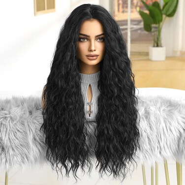 26 Inch Water Wave Wig for Women Synthetic Curly Hair Wig Natural Black Wear and Go Glueless Wig Hair Replacement Wigs for Daily Use