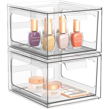 2 Pack Stackable Plastic Makeup Organizer Drawers, Acrylic Organizers, Clear Storage Bins with Pull-Out Handles for Vanity, Kitchen Cabinets, Pantry
