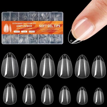 BlueZOO Extra Short Almond Nail Tips 600Pcs Soft Gel Full Cover Nail Tips, Half Matte Acrylic Fake Nails for Extension Nail Manicure Salon Home DIY, Clear Almond Pre Shaped Press On Nails, 12 Sizes