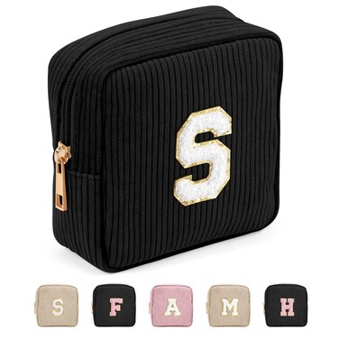 MAGEFY Makeup Bag, Initial Bags with Zipper Cute Makeup Pouch for Women Mini Corduroy Cosmetic Bag with Slip-in Pockets (Black-S)