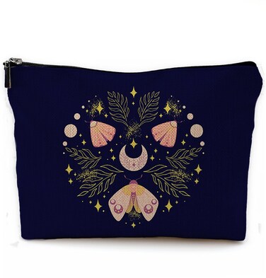 Boho Botanical Moth Witch Makeup Bag, Moon Makeup Bag, Witch Witchy Gifts for Women, Boho Floral Small Makeup Cosmetic Bag for Purse