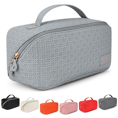 Kat Myhr Large Capacity Travel Cosmetic Bag with handle and divider - Waterproof Travel Makeup Bag Organizer - Cosmetic Travel Make Up Bag for Women - Cute Makeup Bag for Women (Steel Blue)