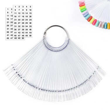 MEFA 50 Pcs Clear Nail Swatch Sticks with Ring and Numbered Tips, False Nail Sample Sticks for Nail Art Polish Color Practice Fan-shaped Display