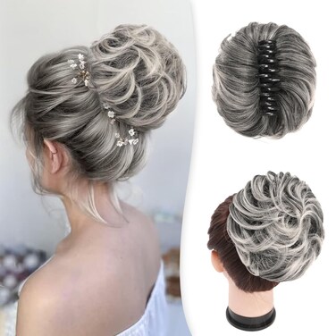 Claw Clip Messy Bun Hair Pieces For Women Large Wavy Curly Bun Extension Synthetic Clip In Ponytail Extensions Tousled Updo Hairpieces with Wedding Daily Party(Gray with White Tips)