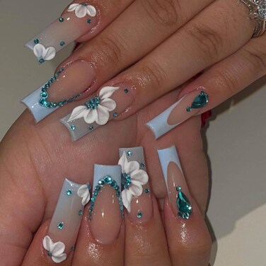 Press on Long Nails Square Blue Fake Nails Tips Full Cover False Gradient 3D Flower Nails for Women and Girls 24PCS