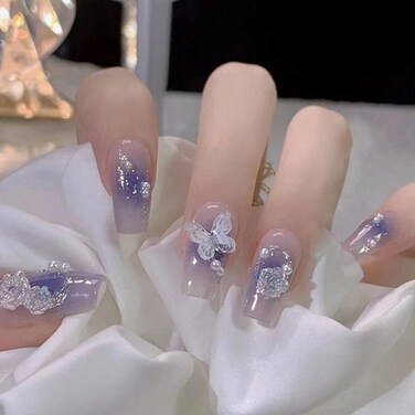 Press on Nails Purple Medium Fake Nails Tips Full Cover Gradient False Coffin Butterfly Nails for Women and Girls 24PCS