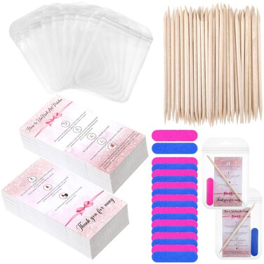 240 Pcs Press On Nail Kit, 60 Mini Nail Files, 60 Cuticle Sticks, 60 Instruction Cards, Resealable Anti-Smell Bags for Pedicure Tools