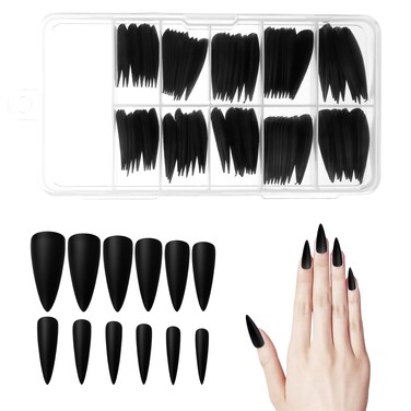 Black Press on Nails Long Stiletto, 100PCS Stiletto Press on Nails Black Matte Artificial Nails Acrylic Solid Color Fake Nails Full Cover Matte Fake Nail Tips for Women and Girls DIY Manicure 10 Sizes