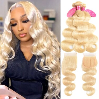 YISEA 613 Blonde Bundles with Closure Brazilian Body Wave 3 Bundles with Closure Blonde Human Hair Bundles with Closure Remy Hair (24 26 28+22, 613#)