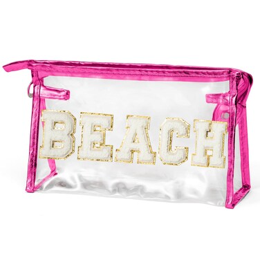 Preppy Patch Cosmetic Bag - Preppy BEACH Chenille Varsity Letter Toiletry Kit Transparent PVC Makeup Bag Waterproof Portable Travel Pouch Summer Gifts for Women Girls(White Beach Rose)
