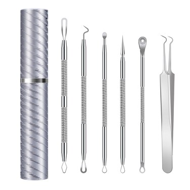 Pimple Popper Tool Kit Blackhead Remover Comedone Extractor Kit with Metal Case for Quick and Easy Removal of Pimples, Blackheads, Zit on Face - Acne Removal Kit 6 Pcs (Silver)