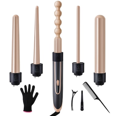 Curling Wand 5 in 1 Hair Curlers Iron Set Beach Waver Curling Iron with 5 Interchangeable Ceramic Tourmaline Barrel for Long Short Hair Styles Curling Iron Fast Heating Hair Cripmer for Women