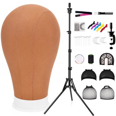 22 Inch Canvas Wig Head Mannequin HeadWig Stand Tripod Manikin Canvas Head Set for Wigs Making Display Styling Head with Tripod Table Clamp Wig Caps Pins Set Hair Brush, Clips (Block)