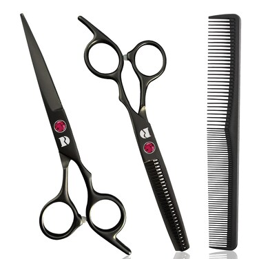 Professional Hair Cutting Shears Set,6 Inch Barber Hair Cutting Scissors Thinning Shears Sharp Blades Hairdresser Haircut for Women/Men/Kids 420c Stainless Steel Rainbow Color (Black)