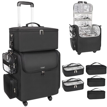 Relavel Rolling Makeup Train Case with Large Makeup Case, Hairstylist Traveling Bags with 5 Small Clear Bags, Cosmetology Case on Wheels, Hair Tools and Cosmetics Storage Organizer Trolley Suitcase