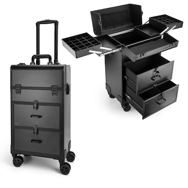 Yokilly Rolling Makeup Train Case, Professional Cosmetology Case on Wheels, Aluminum Cosmetic Trolley Travelling Cart Trunk with Swivel Wheels, Sliding Drawer &amp; Keys for Nail Technician Stylist(Black)