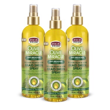 African Pride Olive Miracle Braid Sheen Spray (3 Pack) with tea tree oil and olive oil to protect and moisturize scalp and hair.12oz.