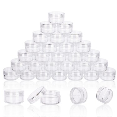 5 Gram Sample Containers with Lids, 50 Count 5ML Clear Sample Jars, Empty Lip Balm Containers with Lids, Small Makeup Travel Containers for Glitter, Lotion, Cream, Beads, with Labels, Mini Spatulas