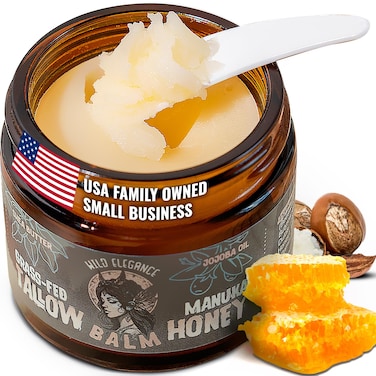 Beef Tallow and Honey Balm for Skin - Grass-Fed, Grass-Finished Face and Body Cream, Moisturizer for Dry Skin and Eczema, Shea Butter, Jojoba, Almond Oil, Beeswax, Unscented, Made in Canada, 2 oz