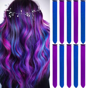Colored Purple Hair Extensions 10 PCS, Rainbow Party Highlights Clip in Synthetic Hair Extension, Colorful Hairpiece for Girl Women Kids Gift Blue Hair Piece(Purple+Blue, 22 In)