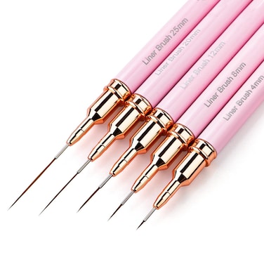 Nail Art Liner Brushes, 5PC Nail Brushes for Nail Art Detail Liner Brushes Thin Nail Art Designs Brush Pen Set Nails Gel Polish Painting Pink Metal Handle, Sizes 4/8/12/20/25mm