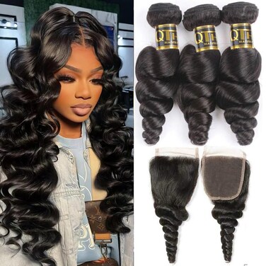 QTHAIR 14A Brazilian Loose Wave Bundles with Closure 100% Virgin Human Hair Loose Deep Curly Bundles with 4x4 Free Part Lace Closure Human Hair(22 24 26+20 Closure)