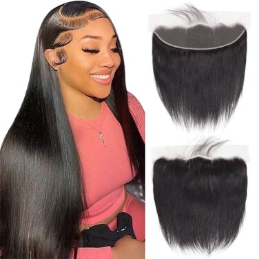 QTHAIR Straight Human Hair Lace Frontal 14A Brazilian Straight Human Hair 13x4 Ear to Ear Frontal 10 in 150% Density Swiss Lace Pre-Plucked Natural Hairline Baby Hair Natural Black #1b