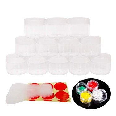 12pcs 20 Gram 20ml Jars, Small Cosmetic Sample Empty Container, Plastic Round Pot White Screw Cap Lid, Tiny 20g Bottle for Makeup, Eye Shadow, Nails, Powder, Jewelry, Beads, Free Spatulas