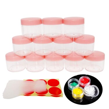 12pack 20 Gram 20ml Jars, Small Cosmetic Sample Empty Container, Plastic Round Pot Pink Screw Cap Lid, Tiny 20g Bottle for Makeup, Eye Shadow, Nails, Powder, Jewelry, Free 12pcs Spatulas