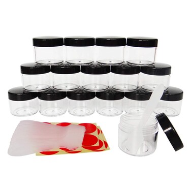 16pack 20ml Empty Sample Jars, Refillable Cosmetic Container, 20g Small Travel Size Round Pot Black Screw Cap Lid for Makeup Eyeshadow Cream Bath Lotions Lip Gloss Balms, FREE Spatula +Label