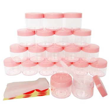 20pcs 20ml Mini Travel Jars with Pink Lids for Cosmetics, 20g Plastic Small Pot for Beauty Container, Makeup Sample Eyeshadow, Face Cream, Lip Gloss Balm, Powder, Lotion, Toner, Homemade DIY