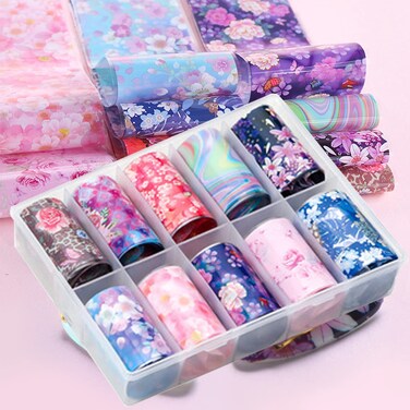 Flowers Nail Art Foil Transfer Stickers Decals, Holographic Pink Floral Nail Art Design, Nail Art Foils for Nail Transfer Glue Polish, Women Fingernails Toenails Acrylic Nails Decoration (10 Rolls)