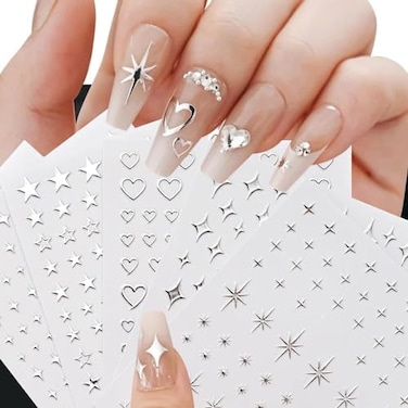 10 Sheets Heart Star Nail Art Stickers Glitter Silver Nail Decals 3D Self-Adhesive Nail Stickers Metallic Silver Star Acrylic Nails Stickers Decals Star Nail Art Supplies for Women Manicure Decoration