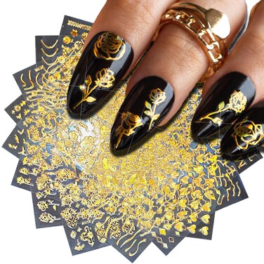 30 Sheets Gold Nail Art Stickers,3D Self-Adhesive Variety Nail Design Stickers Waterdrop Flower Line Star Nail Decals Nail Decoration Holographic Gold Nail Supplies for Women Girls