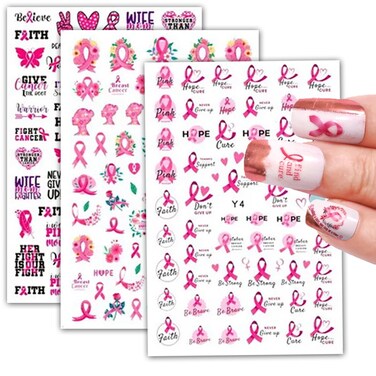 6Sheets Breast Cancer Nail Art Stickers 3D Self-Adhesive Nail Decals Pink Ribbon Black Letter Nail Stickers Heart Breast Cancer Awareness Nail Decoration for Women DIY Manicure Decoration 10Sheets