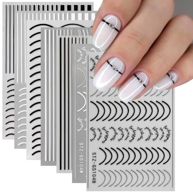 7Pcs Lines Nail Stickers for Nail Art French Tip -Black White Metal Stripes Letter Decals French Nail Design Curved Gel Nail Art Wave Line Polish Manicure Decoration for Women DIY Nail Art Simple Line